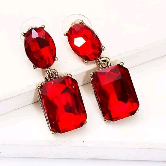 Ruby Red Rhinestone Drop Earrings - Picture 1 of 6